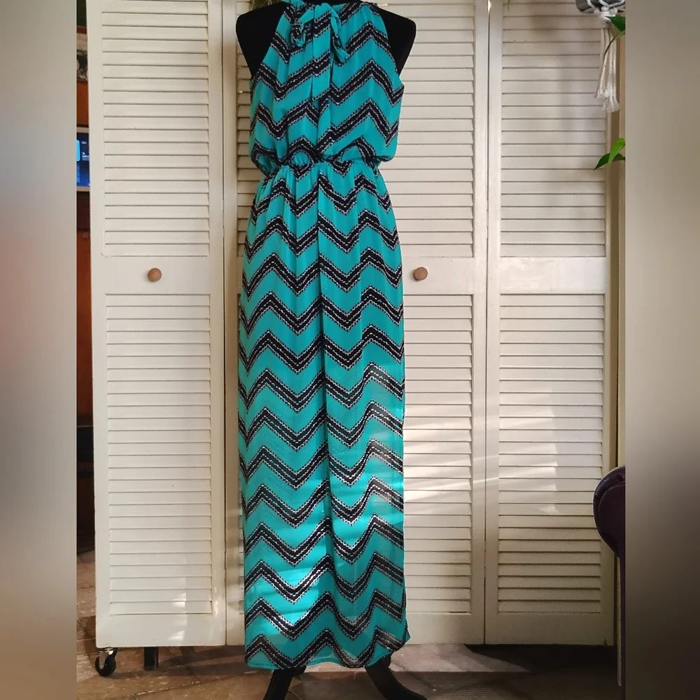 TeenPlo Aqua Teal & Black Chevron Sleeveless Maxi Dress Size S – Like New - Picture 2 of 11